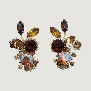 Vintage Amber Austrian Crystal AB Rhinestone Floral Gold Tone Clip On Earrings
